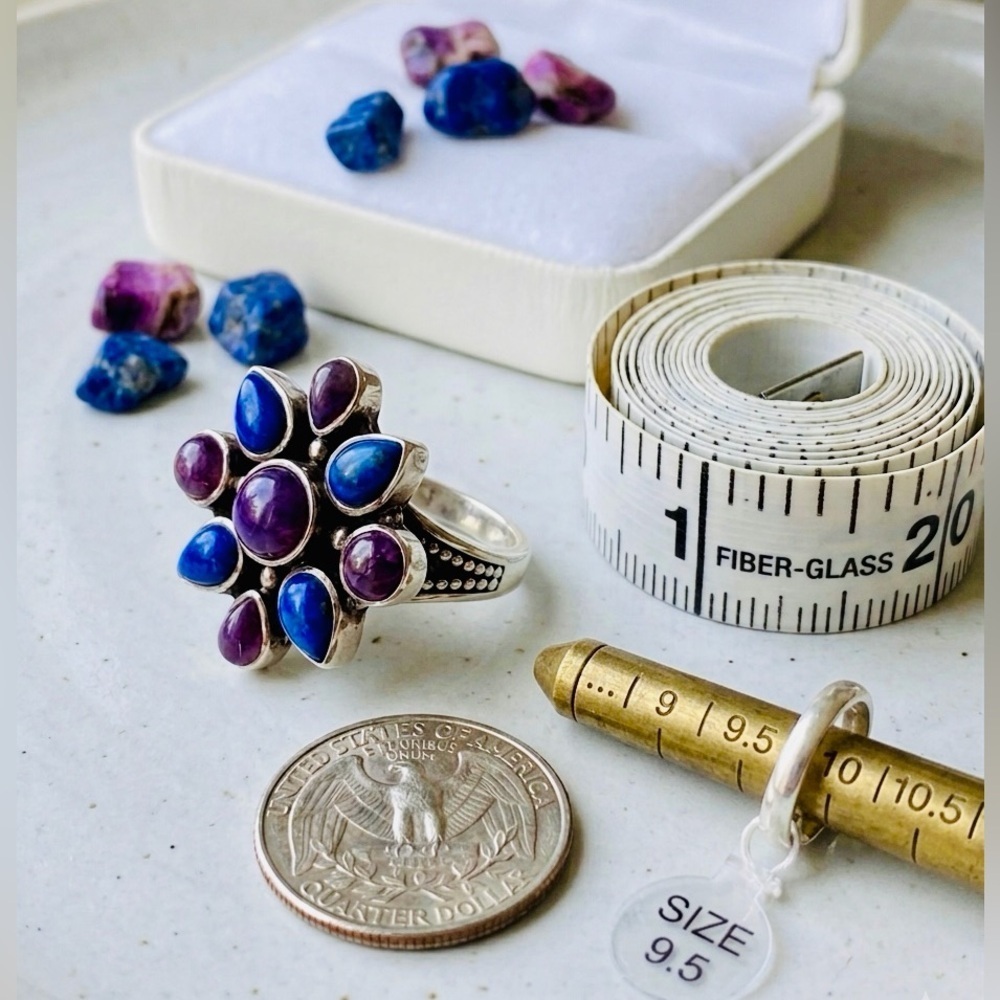 Native American Style 925 Sterling Silver Lapis & Purple Turquoise Cluster Ring